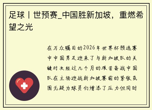 足球丨世预赛_中国胜新加坡，重燃希望之光